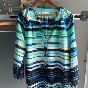 Calvin Klein Striped V-Neck Blouse in Aqua, Teal & Navy